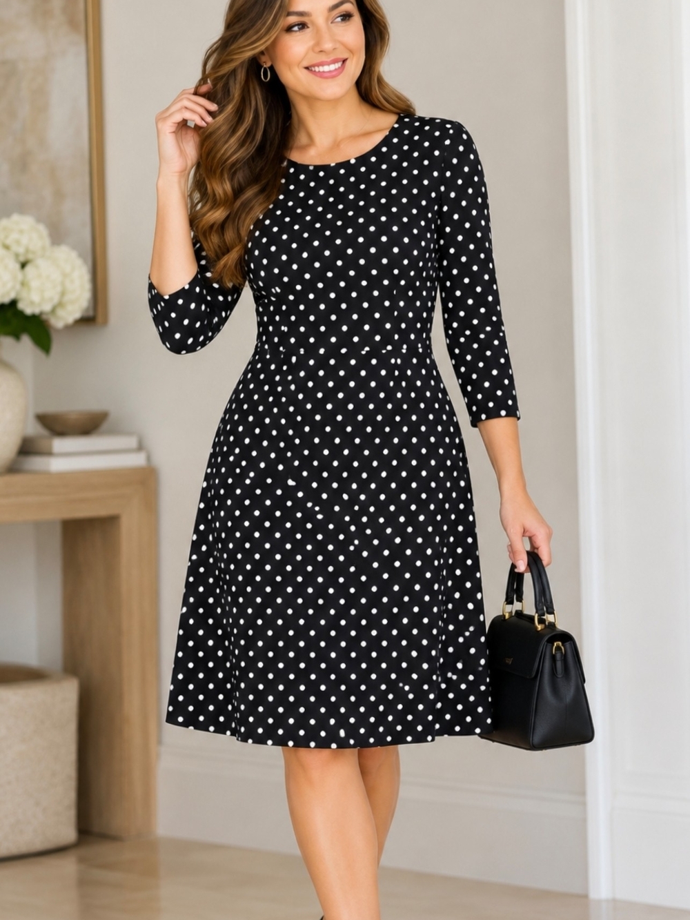 Tommy Hilfiger Women’s Black White Polka Dot Dress Size 2 Long Sleeve
